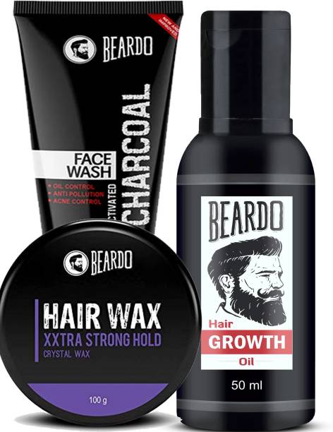 BEARDO Beard & Hair Growth Oil (50ml), Activated Charcoal Facewash (100ml), Hair Wax XXTRA STRONGHOLD Crystal Wax (100g)
