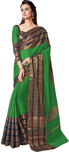 BAPS Striped, Woven, Embellished, Solid/Plain Paithani Cotton Blend, Art Silk Saree