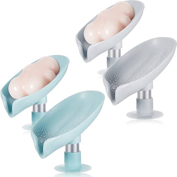 VRAVMO Pack Of 4 ABS Plastic Waterproof Home Easy Cleaning Bathtub, Washbasin, Toilet, Kitchen, Bathroom Sink Accessories Self Draining Leaf Shape Creative Soap Saver, Soap Case, Soap Dishes, Sponge Holder, Soap Stand, Soap Tray, Soap Box, Perforation-Free Bathroom Sink Shower Soap Holder with Suction Cup