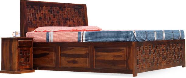 Sheesham Craft Nivora Bed with Double Bedside For Both Side in Natural Honey Oak Solid Wood King Box Bed