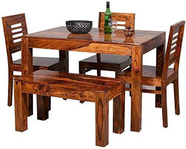 Devsignature Solid Wood Dining Table 4 Seater With Bench | Wooden Dining Table With 3 Chairs & 1 Bench For Dining Room | 4 Seater Dining Table Set | Pure Sheesham, Honey Finish Solid Wood 4 Seater Dining Set