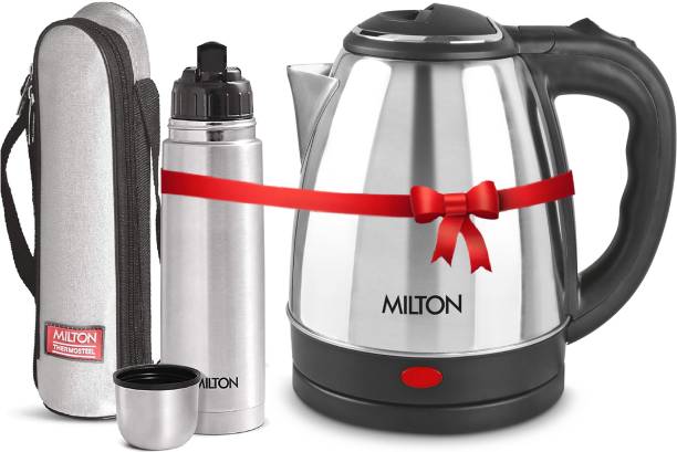 MILTON Combo Set Insta Electric Stainless Steel Kettle, 1.5 Litres, Silver and Flip Lid Thermosteel Hot or Cold Stainless Steel Water Bottle with Jacket, 500 ml, Silver Electric Kettle