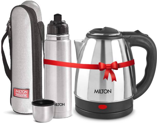 MILTON Go Electric Stainless Steel Kettle, 1.2 Litres and Flip Lid Bottle, 750 ml 1950 ml Flask
