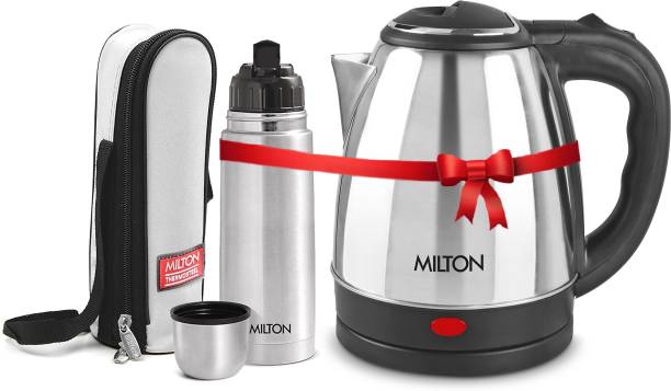 MILTON Combo Set Insta Electric Stainless Steel Kettle, 1.2 Litres, Silver and Flip Lid Thermosteel Hot or Cold Stainless Steel Water Bottle with Jacket, 350 ml, Silver Electric Kettle