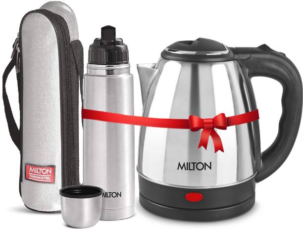 MILTON Combo Set Insta Electric Stainless Steel Kettle, 1.5 Litres, Silver and Flip Lid Thermosteel Hot or Cold Stainless Steel Water Bottle with Jacket, 750 ml, Silver Electric Kettle