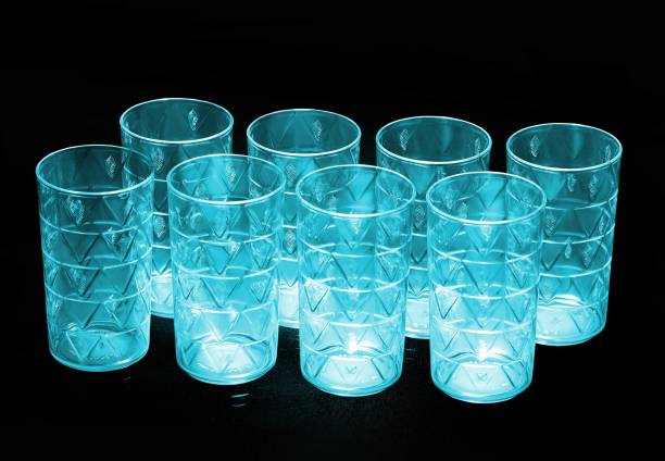 BELLERBIRD (Pack of 8) (Pack of 8) Light Blue Prism With Morpicch Designe Shape Water Glasses Juice Glass Set For Kitchen Glass Set (300 ml, Plastic) Glass Set Water/Juice Glass