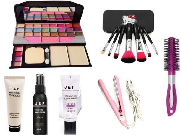 J & F Hair Styling Brush Round With Portable Mini Hair Straightner ,6155 Makeup Kit , 7 Pc Makeup Brush Black / Pink , Primer , Fixer , Foundation
