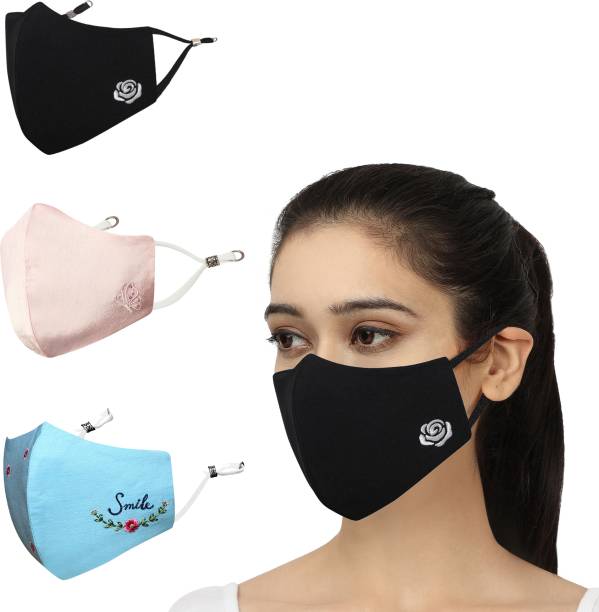 MASQ Anti-Pollution, Anti-Bacterial (BFE>99%) 4 Layer Embroidered, Designer, Fashionable & Protective Cotton Cloth Face Mask Combo for Women with 1 Detachable Chain Smile_Combo_Large_03 Reusable, Washable Cloth Mask