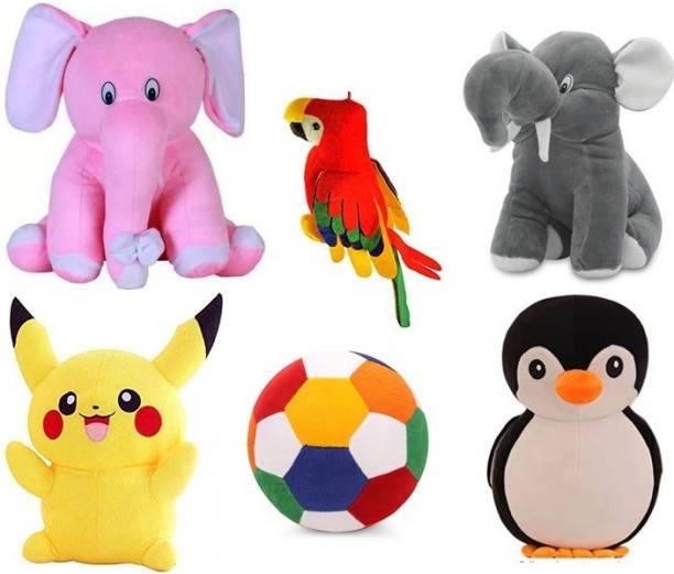 OZEE Special Combo of 6 ( Pink Elephant, Penguin,Pikachu, Grey Elephant, Ball, Parrot) Soft Toy | Birthday Gift for Girls/Wife, Boyfriend/Husband, Soft Toys Wedding/Anniversary Gift for Couple Special, Baby Toys Gift Items  - 30 cm