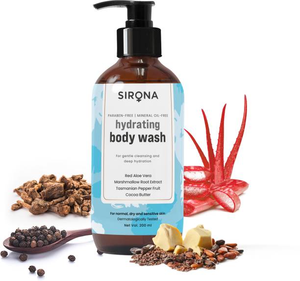 SIRONA Marshmallow Body Wash for Gentle Cleansing & Deep Hydration for Men & Women – 200 ml for Normal, Dry & Sensitive Skin | No Mineral Oil, No Paraben | with Red Aloe Vera, Cocoa Butter & Tasmanian Pepper Fruit | Dermatologically Tested