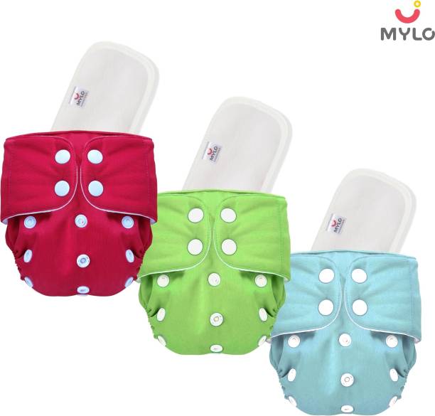 MYLO 100% Cloth Diapers for Babies (0 - 2 Years), Reusable, Washable and Adjustable Nappies and Wet-Free Insert Pads Oeko-Tex Certified Multicolor (Pack of 3)