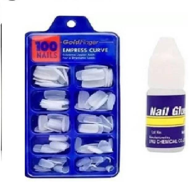 KAATO Fake Acrylic Artificial Nails With Gum Cream White White (Pack of 100) White