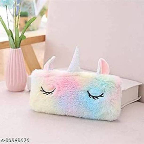 Neel® super Pack of 1 Unicorn Soft Plush Fabric Further Pencil Storage Case Pouch- Kids School Supply Organizer Students Stationery Pouch for Girls, Assorted Design unicorn Art Polyester Pencil Box