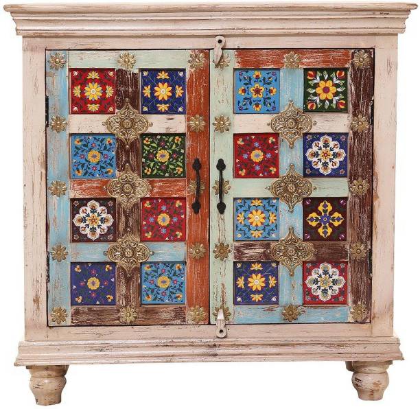 Saffron SOLID WOOD CABINET IN DISTRESS WHITE FINISH WITH CERAMIC TILES IN FRONT Solid Wood Free Standing Cabinet
