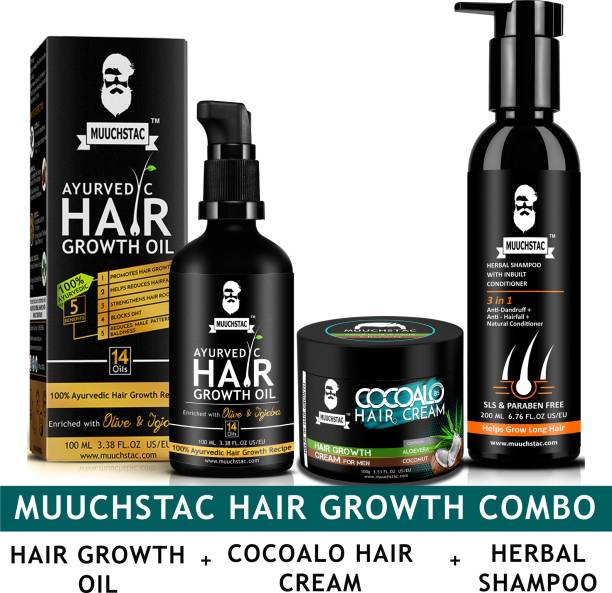 MUUCHSTAC Herbal Hair Care Kit - Hair Growth Oil (100ml), Herbal Shampoo with Inbuilt Conditioner (200ml), Cocoalo Hair Cream (100g)