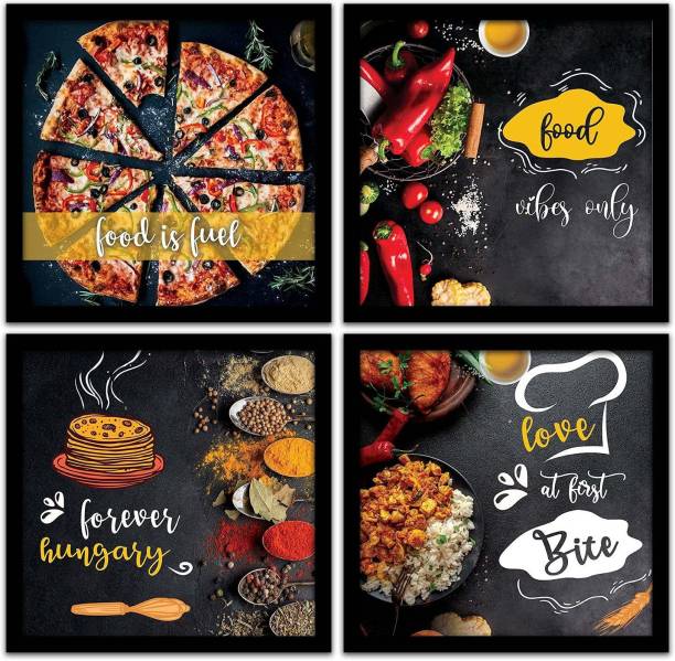 Vasl Studio 'Love for Pizza' Framed Food Painting for Cafe, Restaurant ,Home Decor & Kitchen - set of 4 (11 inch X 14 inch) Digital Reprint 10 inch x 10 inch Painting