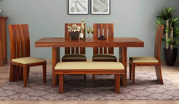 BRIGHTWOOD Solid Sheesham Wood 6 Seater Dining Table With 4 Chairs, 1 Bench Solid Wood 6 Seater Dining Set