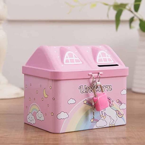 HighBoy House Shape Unicorn Toys Printed Metal Coin Bank Toy Piggy Bank for Kids with Lock Key Coin Bank Small Saving Account Unicorn Bank Coin Bank
