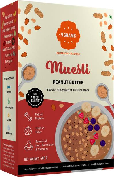 9grams by 9GRAMS Wholegrain & Peanut butter Muesli | Sugar Free | 12g Protein per serving | Use as Breakfast Cereal or Healthy Snack | with fruits & seeds Box