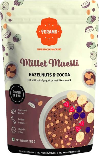 9grams Wholegrain & Millet Muesli | No added sugar, 12g Protein per serving, Use as Breakfast Cereal or Healthy Snack | Hazelnut & Cocoa Pouch