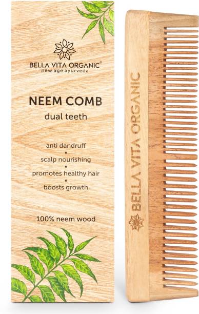 Bella vita organic Dual Teeth Wooden Neem Comb For Tanglefree Curls, Healthy Scalp, Regular, Smooth Hair & Anti-Dandruff