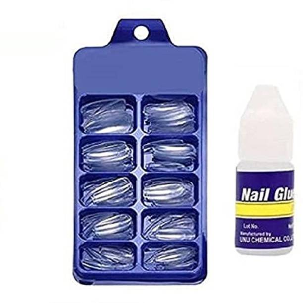 MANAKA 100 Pcs Reusable Acrylic False Nails With Nail Glue For Women's & Girls White WITH DIFFERENT SHAPES AND STYLES white (Pack of 100) white