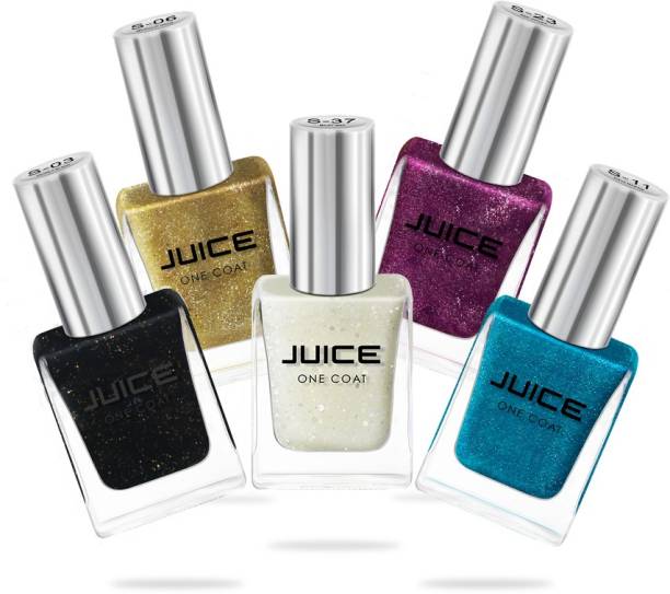 Juice One Coat Nail Polish Pack of 5 Pearly Black - S03, Metallic Gold - S06, Aqua Marin - S11, Red Violet - S23, Milky Way - S37 SHIMMER COMBO_22 Pearly Black - S03, Metallic Gold - S06, Aqua Marin - S11, Red Violet - S23, Milky Way - S37
