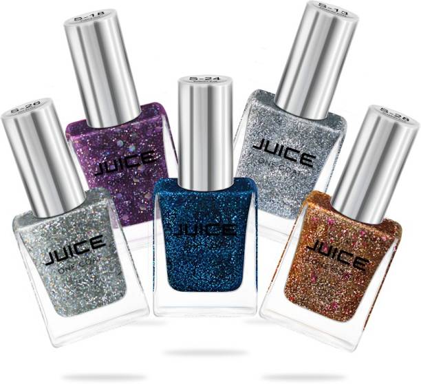 Juice One Coat Nail Polish Pack of 5 Sparkling Stars - S13, Purple Diva - S18, Midnight Blue - S24, Hot Silver - S26, Silverish Gold - S28 SHIMMER COMBO_21 Sparkling Stars - S13, Purple Diva - S18, Midnight Blue - S24, Hot Silver - S26, Silverish Gold - S28