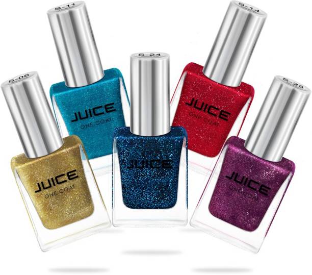 Juice One Coat Nail Polish Pack of 5 Midnight Blue - S24, Red Violet - S23, Aqua Marin - S11, Metallic Gold - S06, Dazzling Red - S14 SHIMMER COMBO_33 Midnight Blue - S24, Red Violet - S23, Aqua Marin - S11, Metallic Gold - S06, Dazzling Red - S14