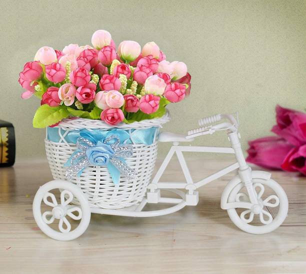 TIED RIBBONS Cycle Shape Flower Vase with Peonies Bunches Plastic Flower Basket