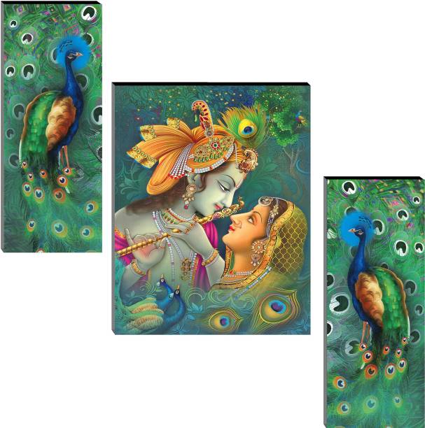 Indianara Set of 3 Radha Krishna wit Peacock MDF Art Painting (3775FL) without glass (4.5 X 12, 9 X 12, 4.5 X 12 INCH) Digital Reprint 12 inch x 18 inch Painting