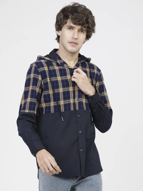 Men Slim Fit Checkered Hood Collar Casual Shirt Price in India