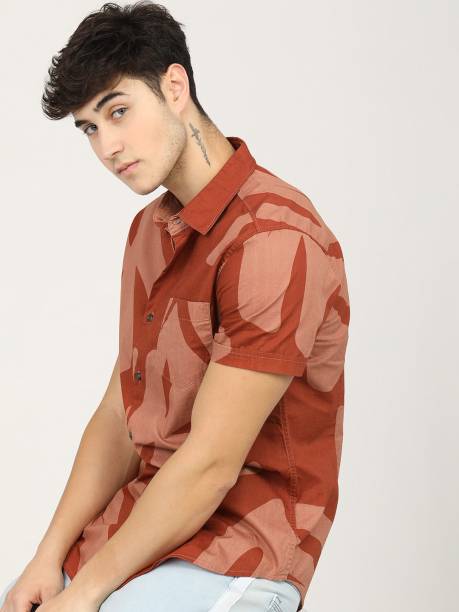 Men Slim Fit Printed Cut Away Collar Casual Shirt Price in India