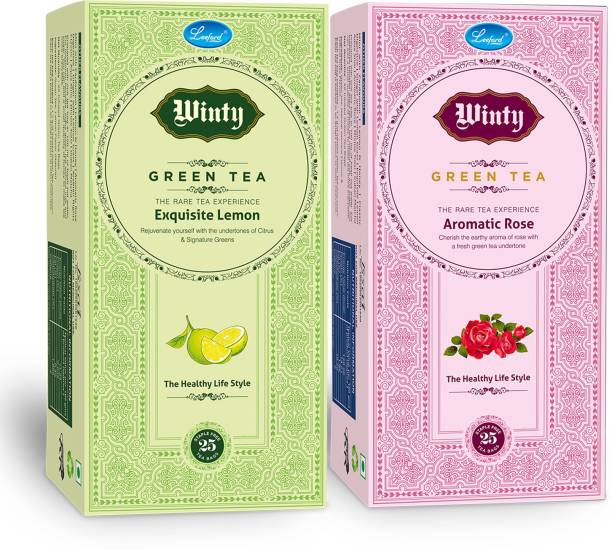 Winty Green Tea Exquisite Lemon & Aromatic Rose with Tanginess Taste of Lemon and Richness of Rose for Weight Loss and Glowing Skin Combo Pack (25 Bags Each) Green Tea Bags Box