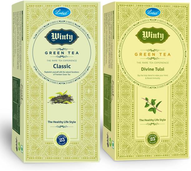 Winty Green Tea Classic + Divine Tulsi for Immunity Booster and Healthy Benefits Pack of 2 (25 bags Each ) Green Tea Bags Box