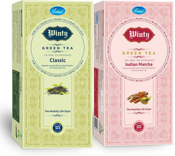 Winty Green tea Classic + Indian Matcha with the Blend of Fresh Indian Spices for Healthy and Great Taste Pack of 2 (25 bags Each) Green Tea Bags Box