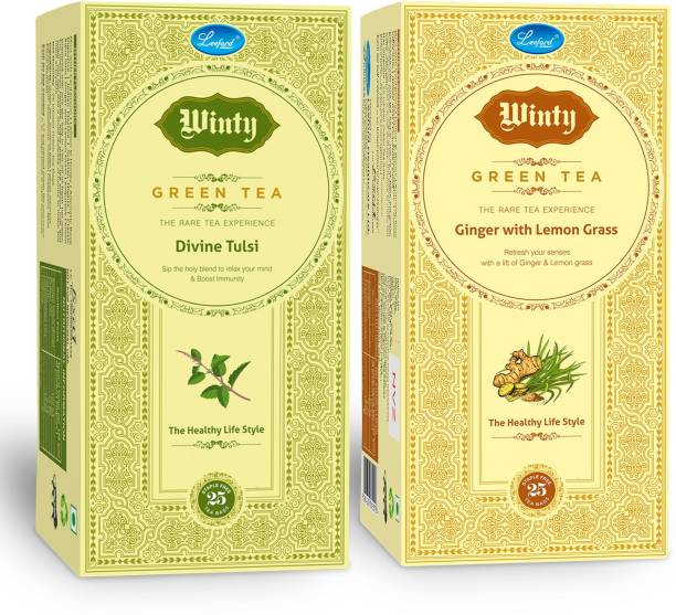 Winty Green Divine Tulsi & Ginger With Lemon Grass with Assorted Flavors for Immunity Booster and Multiple Health Benefits Combo Pack (25 bags Each) Green Tea Bags Box