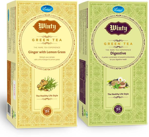 Winty Green Tea Ginger With Lemon Grass + Digestive with Natural Antioxidants for Good Digestion Combo Pack (25 Bags Each) Green Tea Bags Box