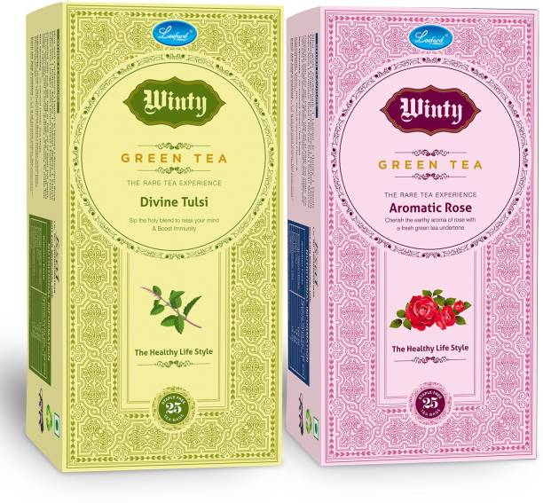 Winty Green Tea Divine Tulsi + Aromatic Rose with Aroma of Rose for Immunity Booster Combo Pack (25 Bags Each) Green Tea Bags Box