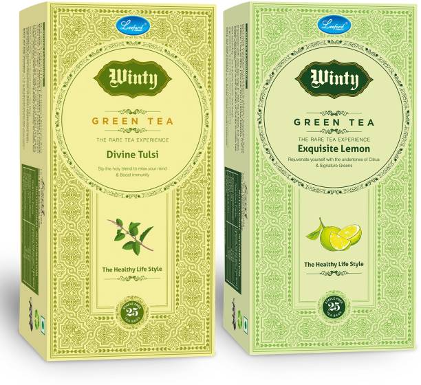 Winty Green Tea Divine Tulsi & Exquisite Lemon with Refreshing Flavor of Lemon and Healthy Benefits of Basil for Immunity Booster Combo Pack2 (25 Bags Each) Green Tea Bags Box