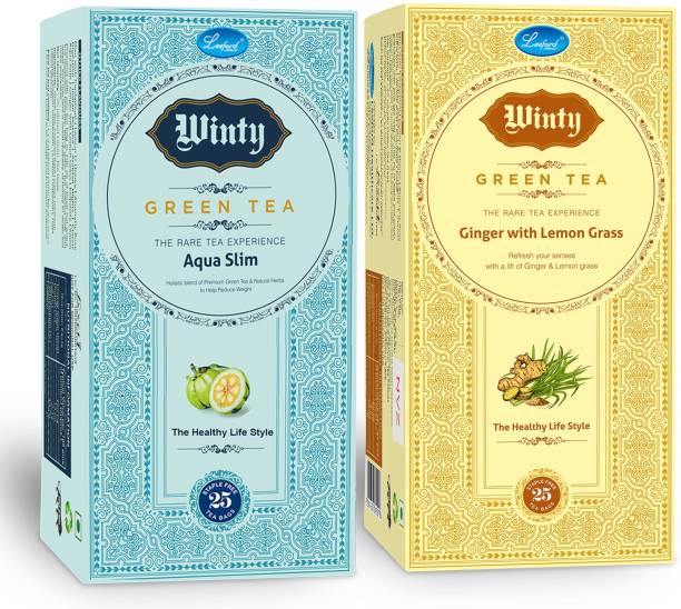 Winty green Tea Aqua Slim & Ginger with Lemon Grass with Natural Antioxidants for Weight loss and Relief from Stress Combo Pack (2 x 25 Bags) Green Tea Bags Box