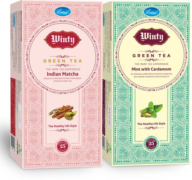 Winty Green Tea Indian Matcha & Mint With Cardamom with Flavors of Indian Spices for Healthy Benefits with the Combination of Taste and Health Combo Pack (25 Bags Each) Green Tea Bags Box