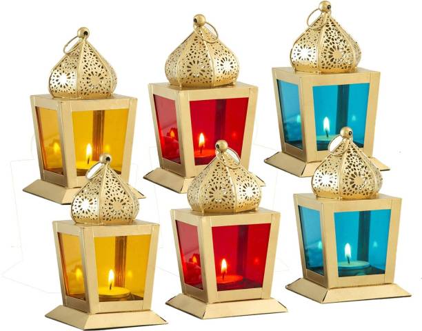 IMRAB CREATIONS Decorative Moksha Blossom Hanging Lantern/Lamp with t-Light Candle, (Set of 6, Gold Lantern with Red, Blue and Yellow Glasses) Iron 6 - Cup Tealight Holder