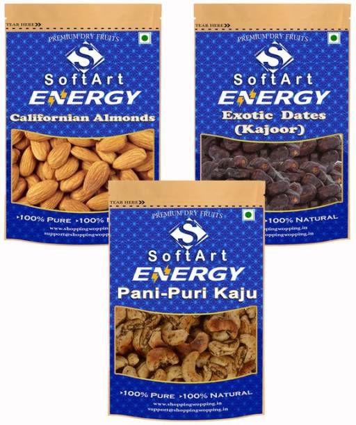 Soft Art Dry fruits combo of Californian Almonds,khajoor,Pani Puri Kaju (250g Each) Almonds, Dates, Cashews