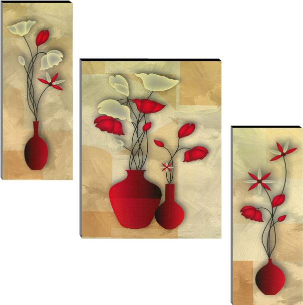 Indianara Set of 3 Abstract Red Flowers in Red Vases MDF Art Painting (3791FL) without glass (4.5 X 12, 9 X 12, 4.5 X 12 INCH) Digital Reprint 12 inch x 18 inch Painting