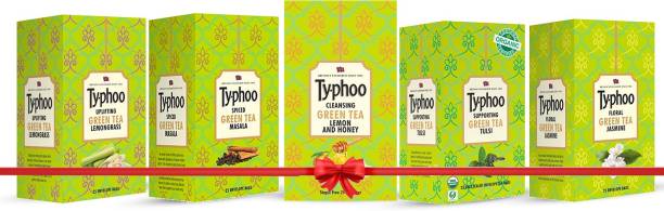 typhoo Green Tea Festive Gift Pack of Lemongrass, Masala, Lemon and Honey, Tulsi, Jasmine Tea Bags | Dewali Gift || Gift Hamper | Green Tea Bags Box