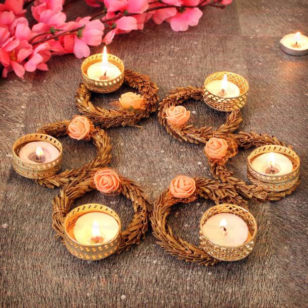 TIED RIBBONS Tealight Candle Holder Set with Tealight Candle for Diwali Home Office Decoration Jute Tealight Holder Set