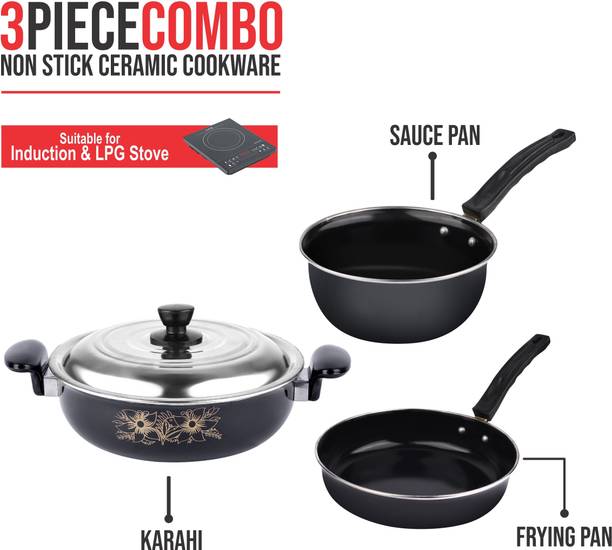MandU 3pc Kitchen Accessories Set | Non Stick Induction Friendly Cookware | Kadai , Fry Pan ,Sauce Pan | Ceramic Hard Anodized | Cast Iron Utensils…