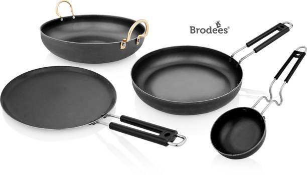 BRODEES Iron Cookware Set of 4 Pcs | Kadahi 24 Cm | Frypan 25 Cm | Dosa Tawa 25.50 Cm | Tadka Pan 11 Cm | Induction Friendly Induction Bottom…