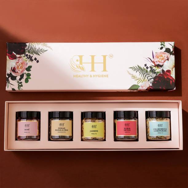 HEALTHY & HYGIENE Indulgence Gift Box | Festive Diwali Gift hamper | With Perfect Compilation Of 5 Of Premium Blends In Pet Jars (150 Gram Tea Each Box) Green Tea Festive Gift Box